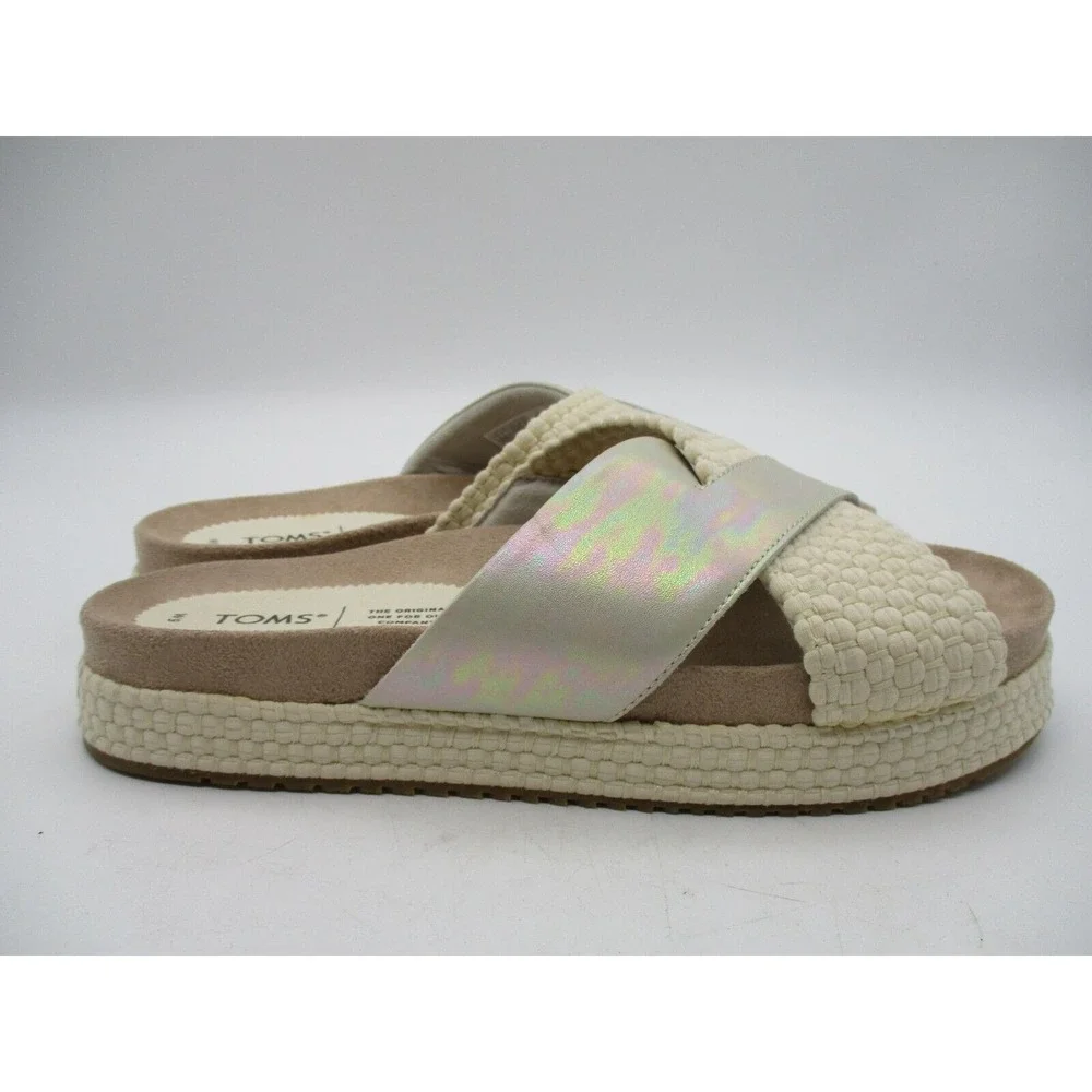 Toms Sandals Womens 9 Paloma Iridescent Leather Slide Casual‎ Silver Comfort New